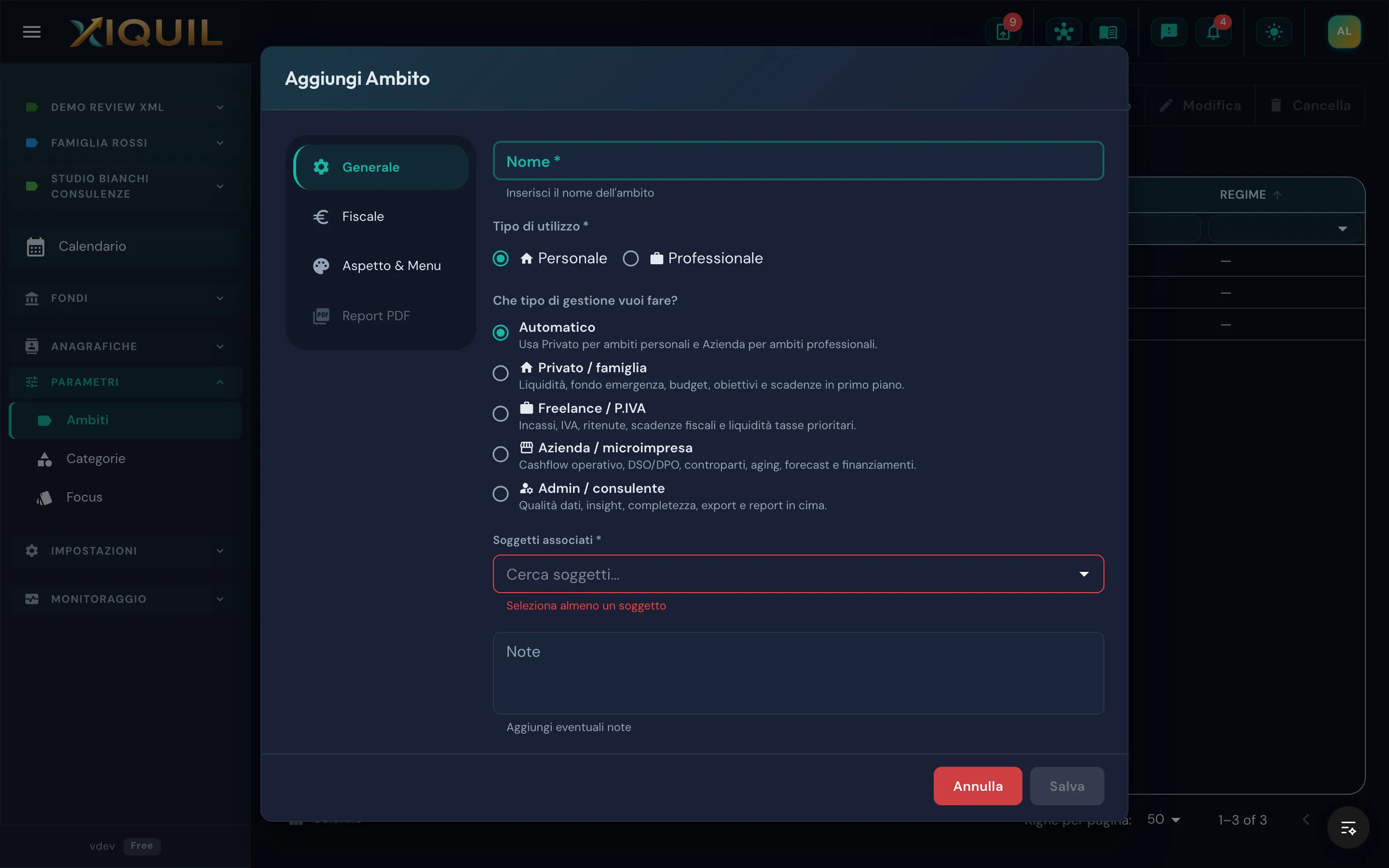Dialog di creazione nuovo ambito con campi nome, tipo di utilizzo e soggetti