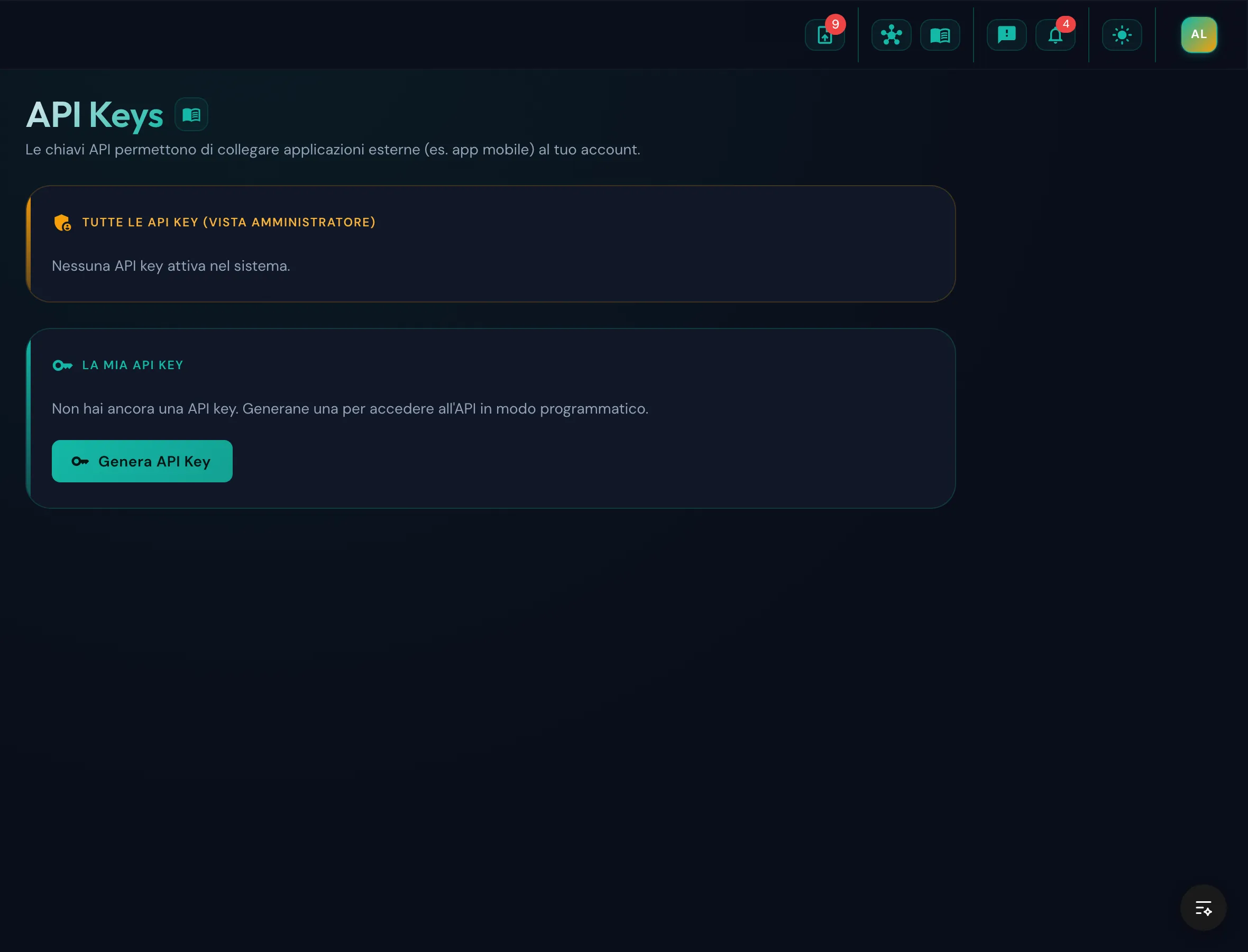 Lista API Keys con colonna chiave display, data creazione e pulsanti Rigenera/Elimina