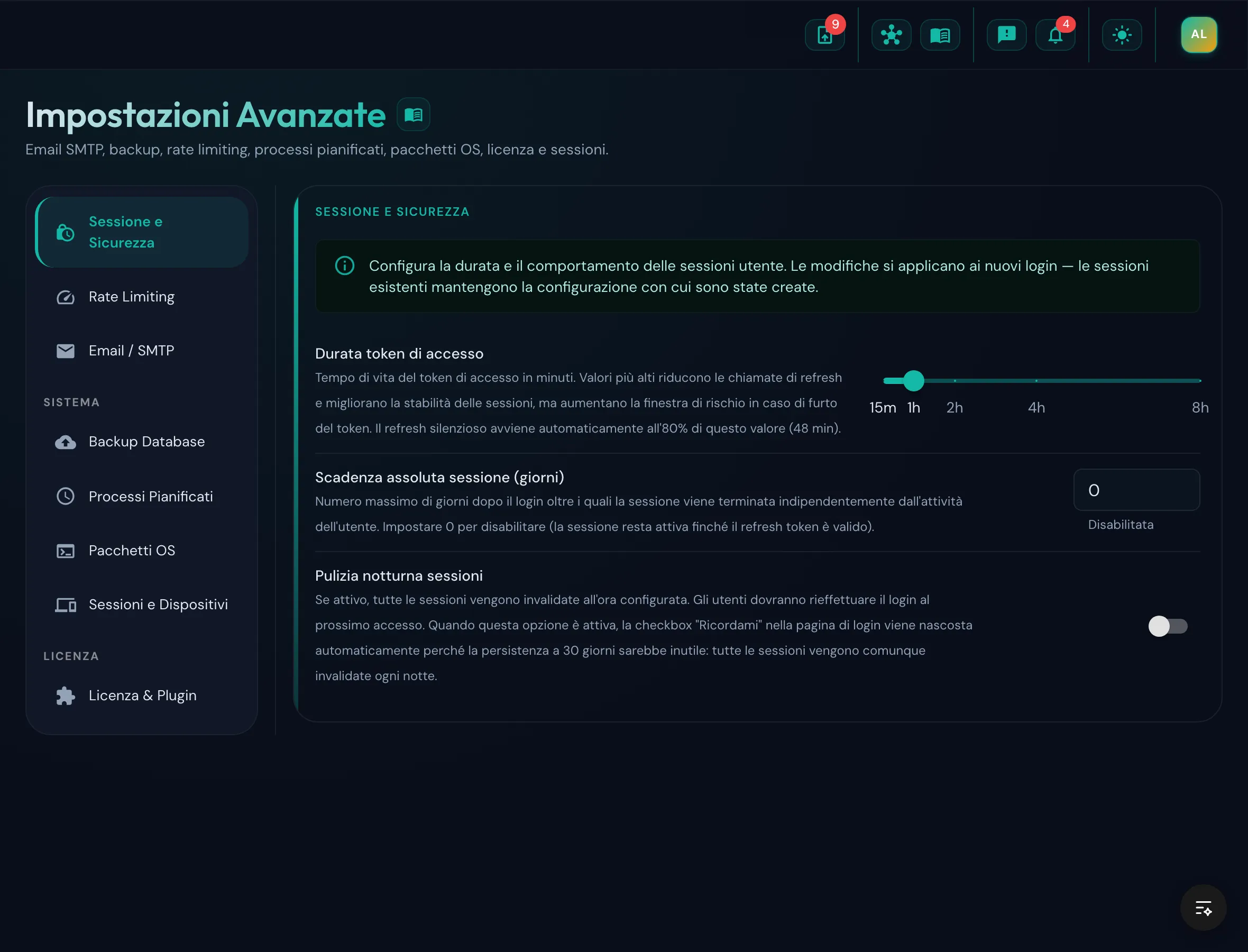 Pagina Impostazioni Avanzate con la sezione Sessione e Sicurezza