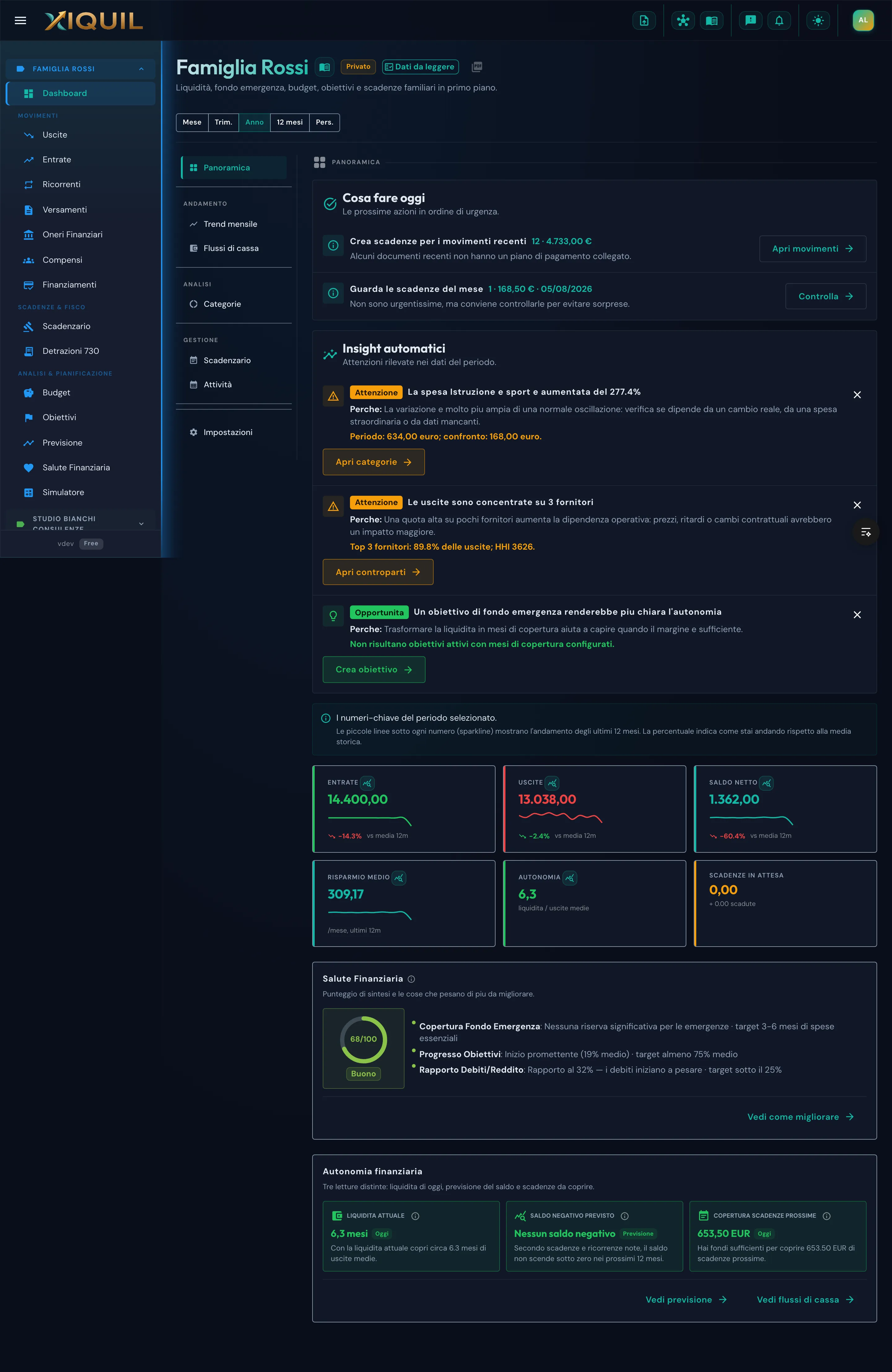 Dashboard completa dell'ambito Famiglia Rossi con azioni suggerite, insight, KPI e salute finanziaria