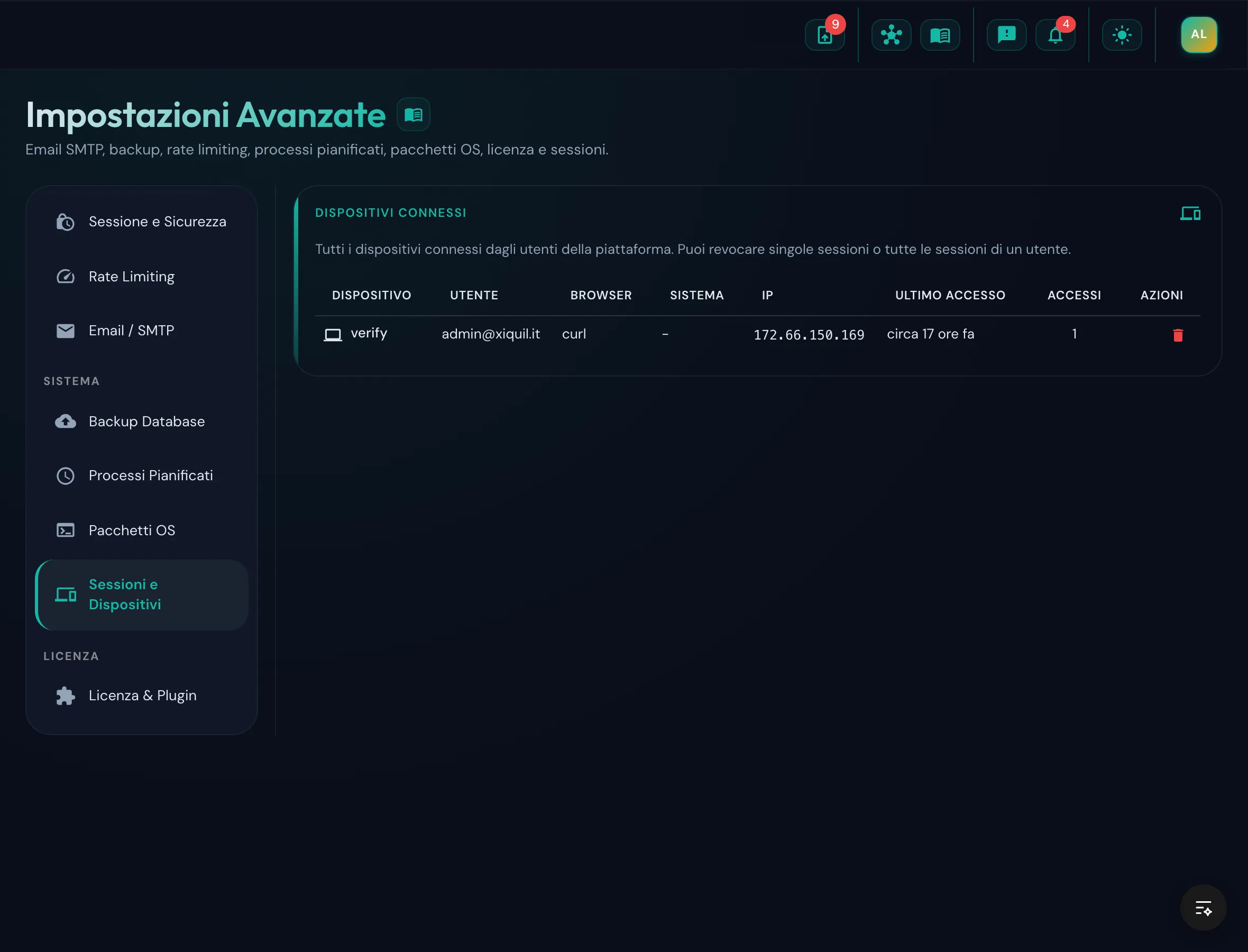 Tabella dispositivi connessi nella vista admin con colonne utente, browser, IP e pulsante revoca