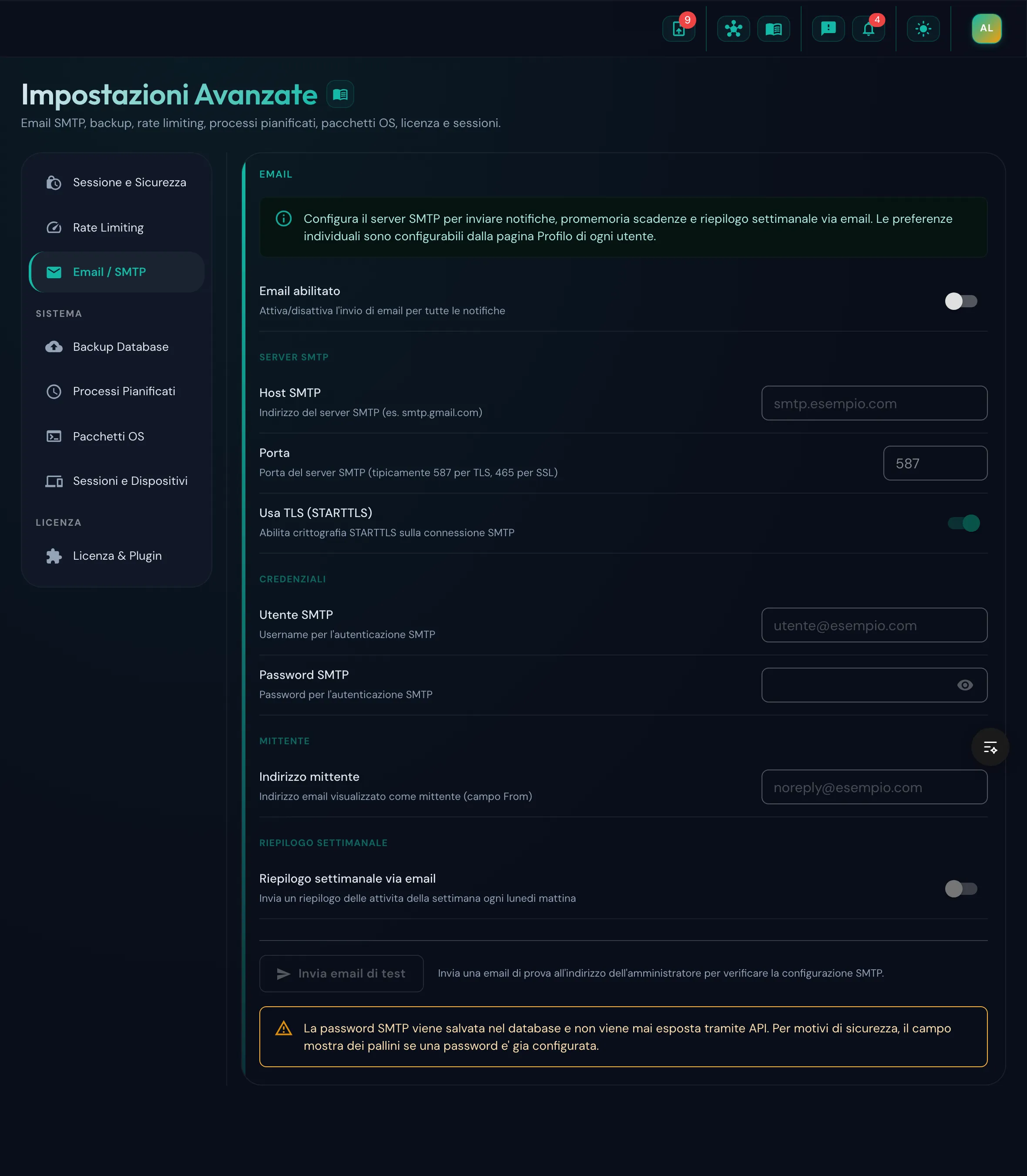 Form configurazione SMTP con campi host, porta, TLS, credenziali e pulsante di test