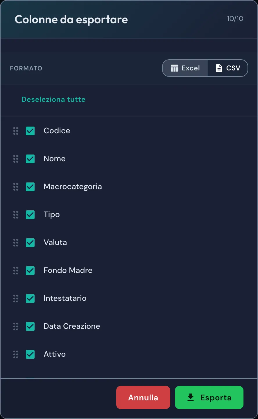Dialog Colonne da esportare della tabella Fondi, con scelta Excel o CSV e colonne selezionabili