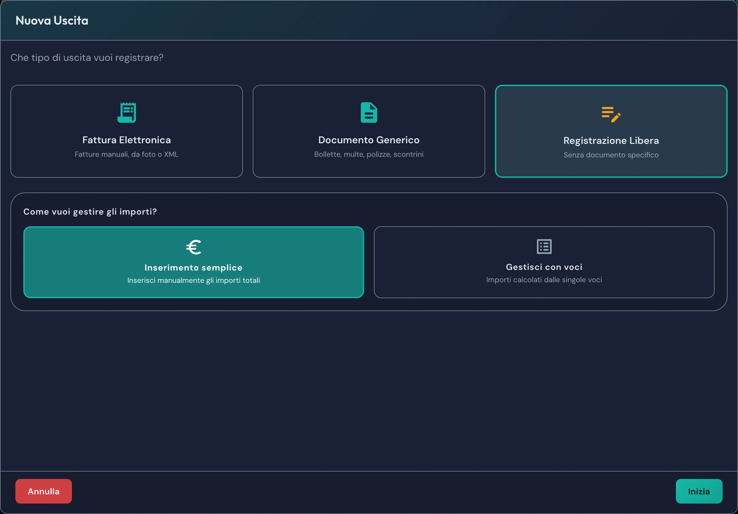 Scelta fra Inserimento semplice e Gestisci con voci