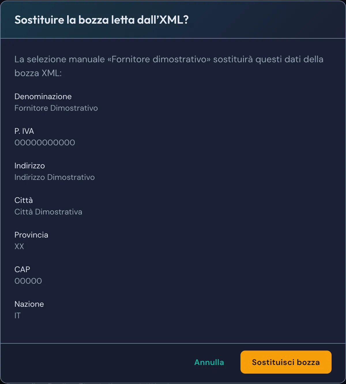 Dialog Sostituire la bozza letta dall'XML con dati dimostrativi e pulsanti Annulla e Sostituisci bozza