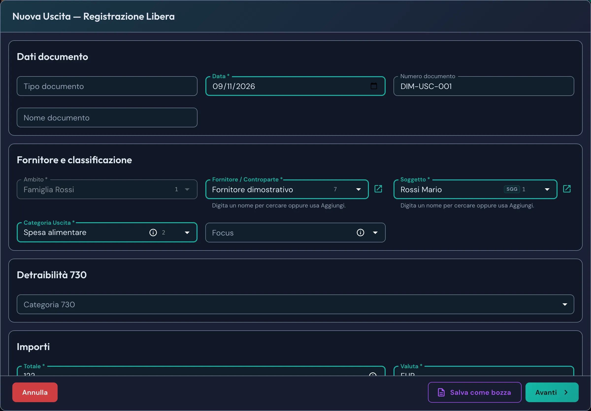 Ripresa di una Registrazione Libera con i dati dimostrativi e Salva come bozza