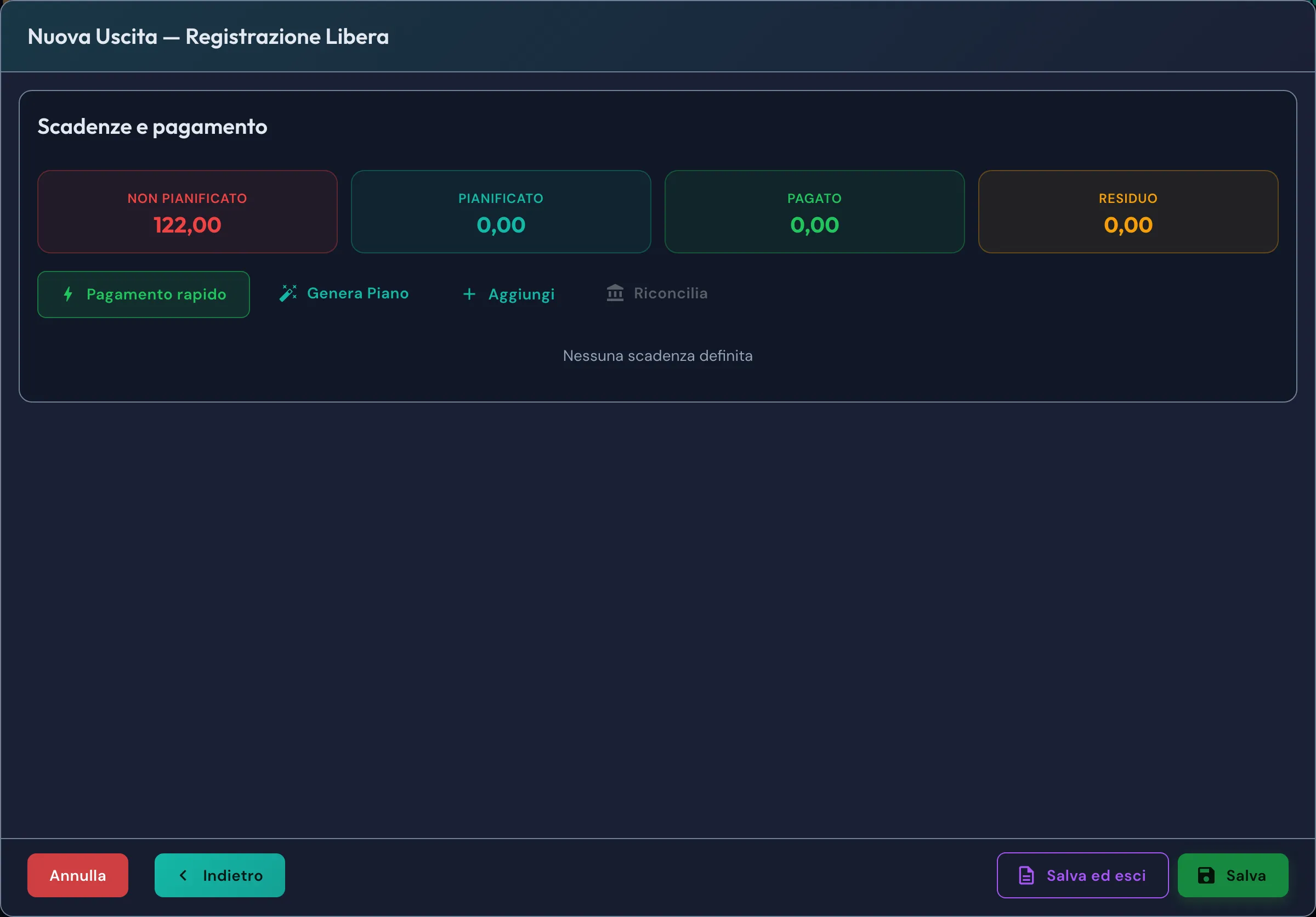 Scadenze di una Registrazione Libera appena registrata e comando Salva ed esci
