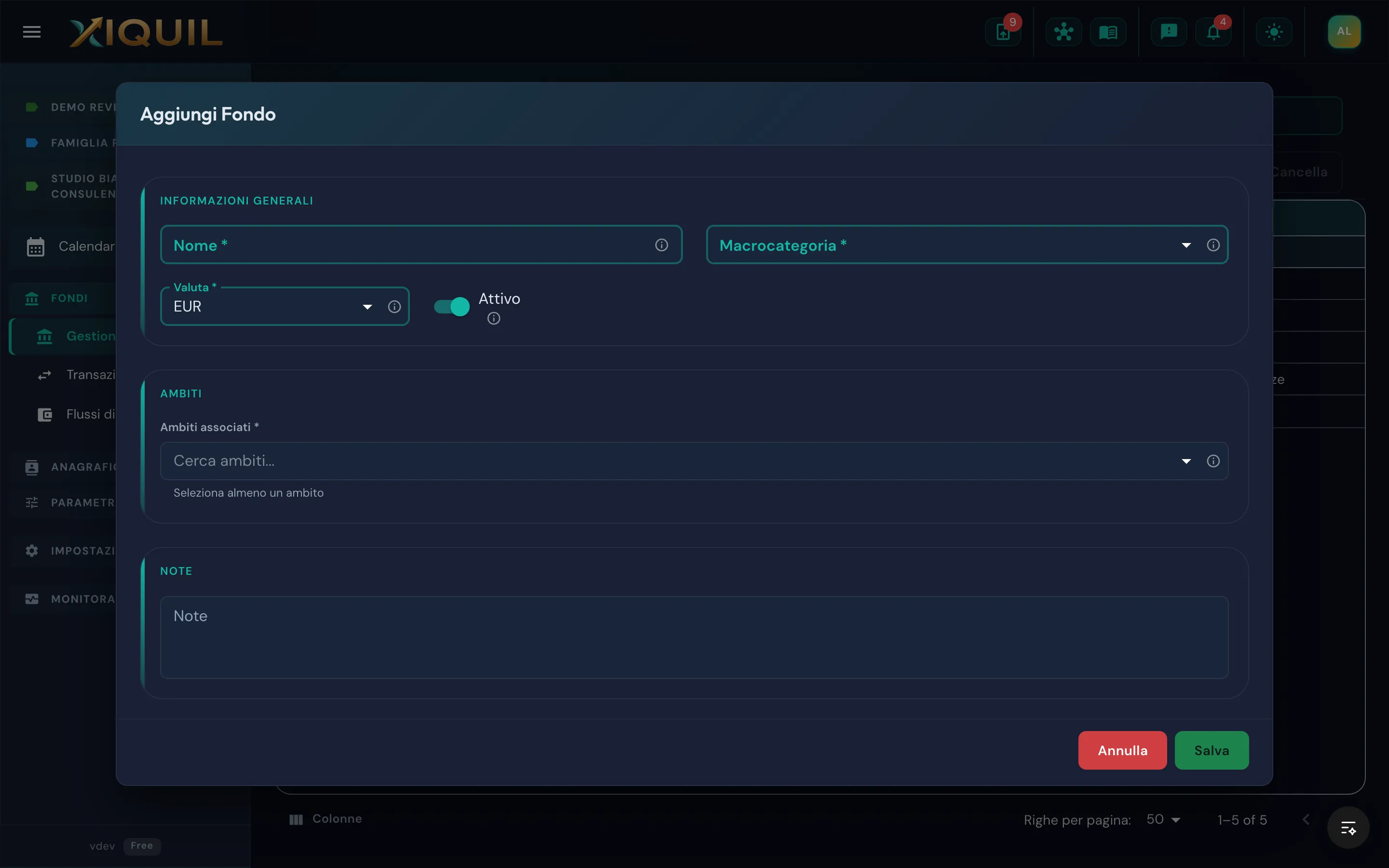 Dialog di creazione nuovo fondo con scelta macrocategoria