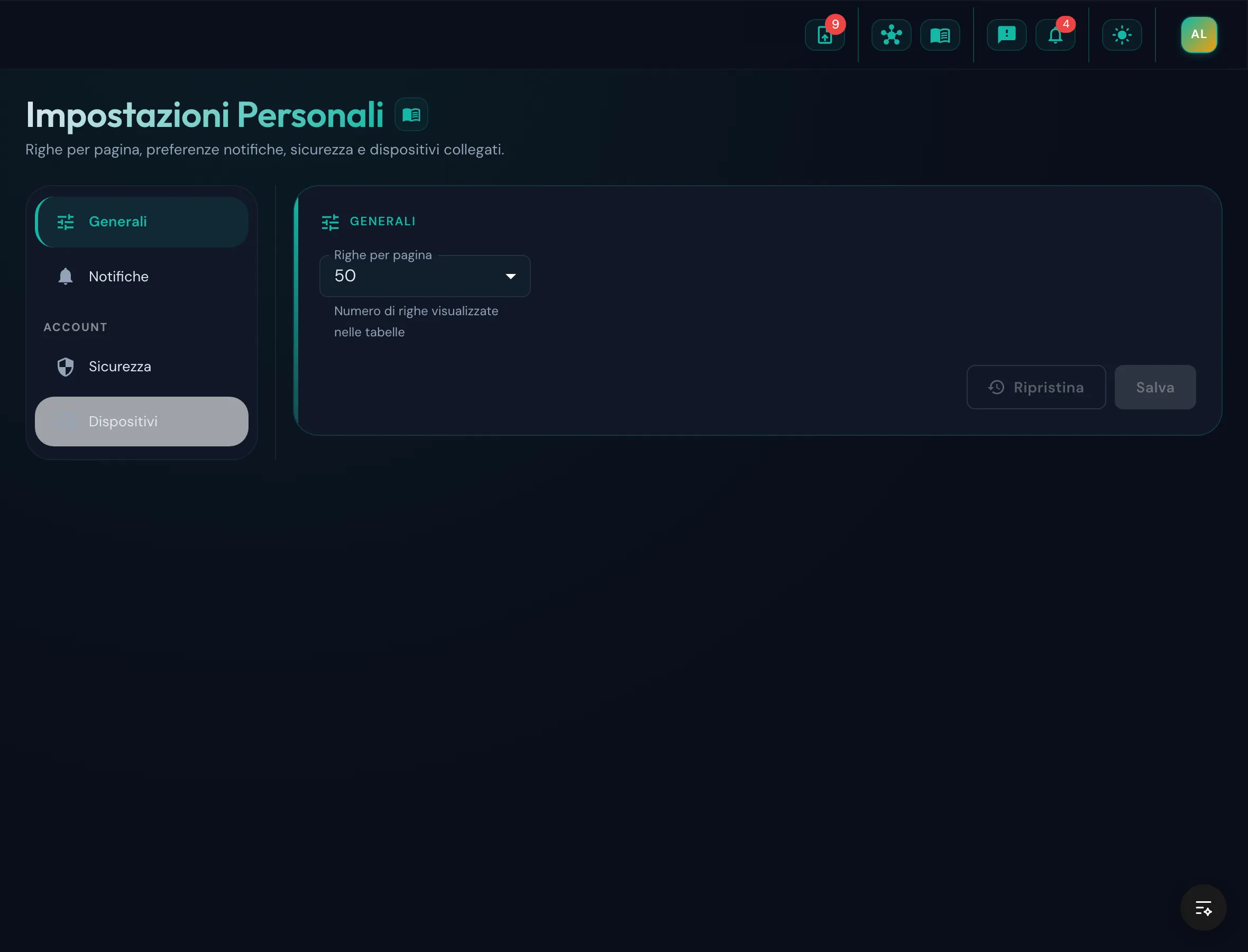Pagina Impostazioni personali con sezioni tema, righe per pagina e preferenze notifiche
