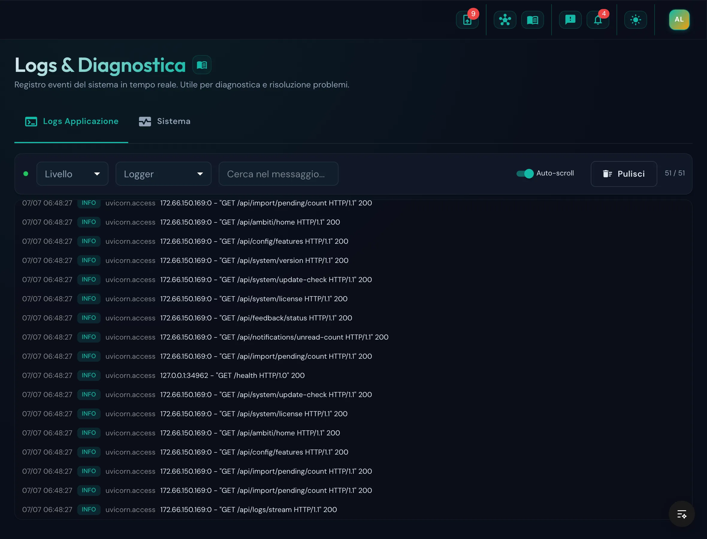 Pagina Log di sistema con filtri per livello e logger e stream SSE in tempo reale