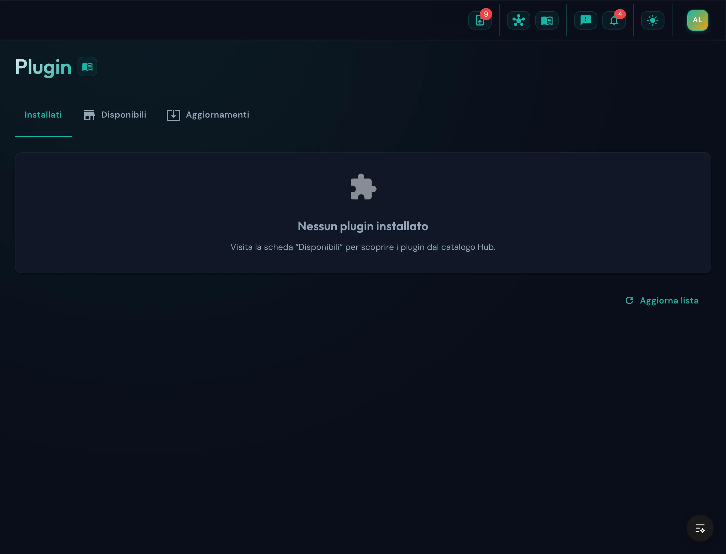 Catalogo Marketplace plugin con schede per plugin disponibili e indicazione del tier richiesto