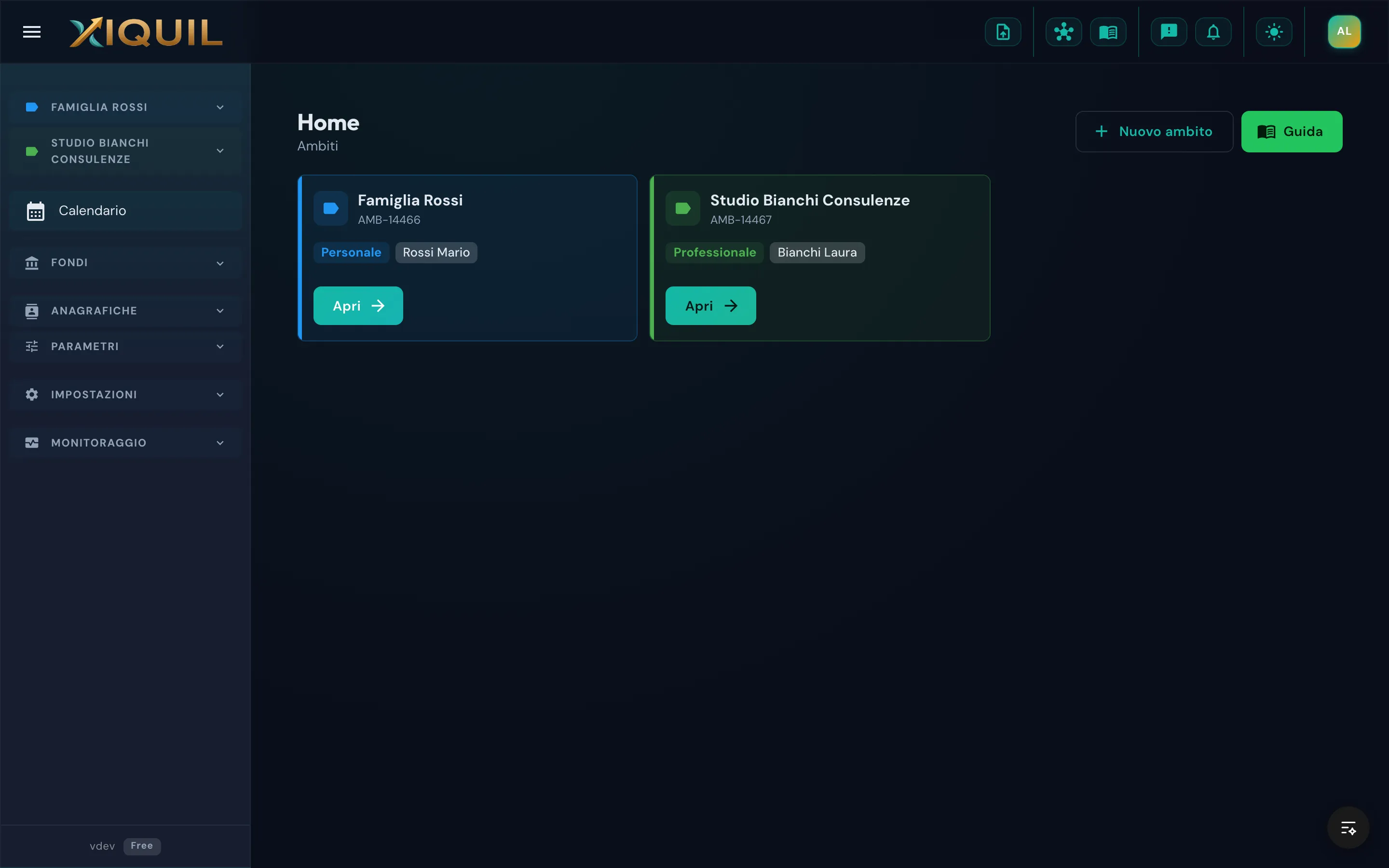 Schermata Home di XIQUIL con le card degli ambiti demo e il pulsante Nuovo ambito