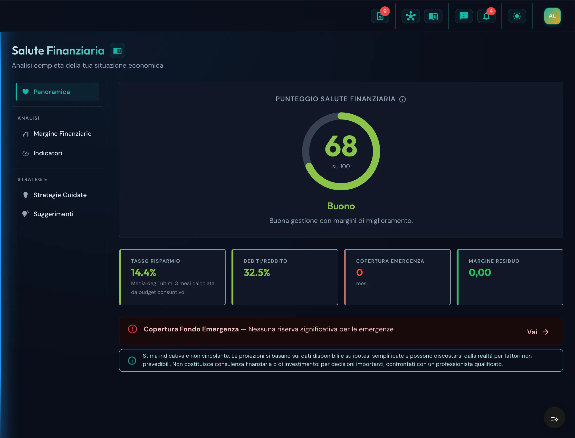 Score di salute finanziaria con indicatori e raccomandazioni