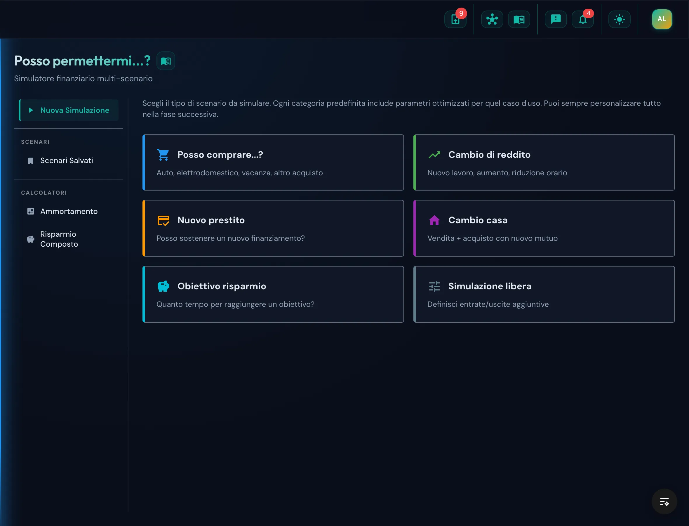 Pagina del simulatore con tipi di scenario disponibili