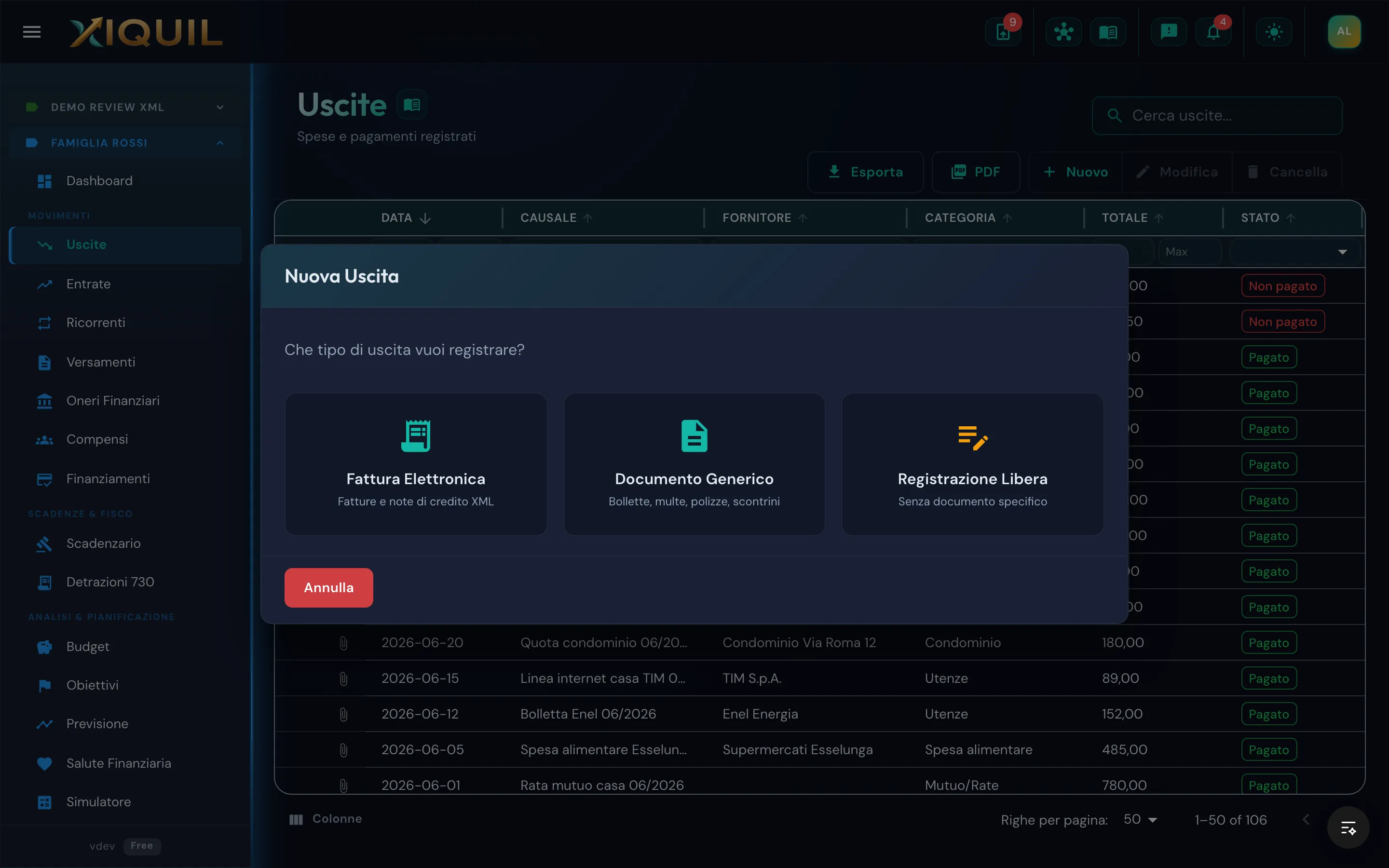 Dialog Nuova Uscita con la scelta tra Fattura Elettronica, Documento Generico e Registrazione Libera
